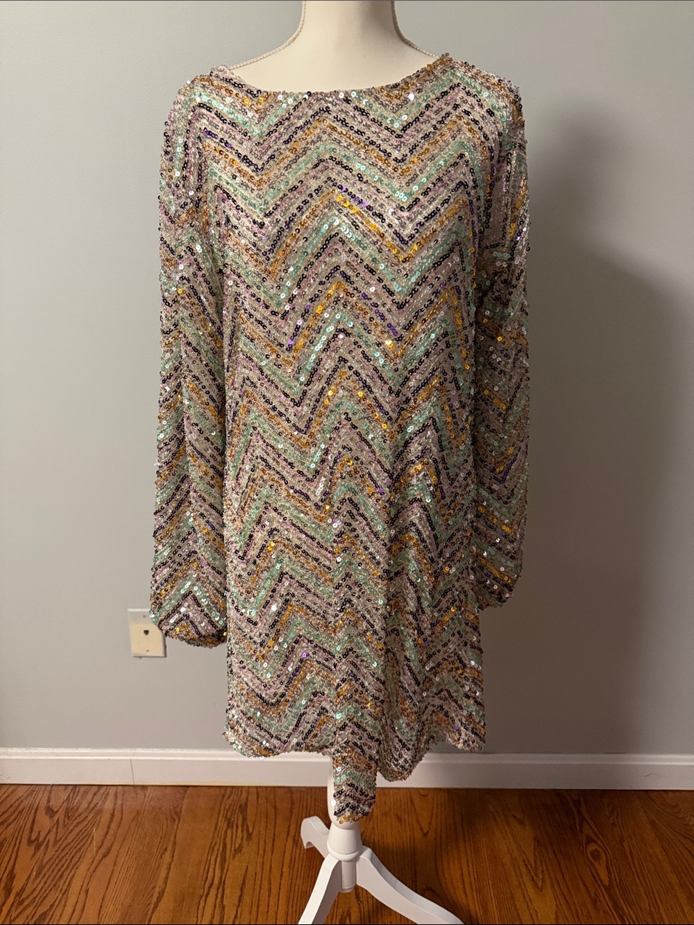 FATE Sequin Chevron Shift Dress | Multicolor Sparkle Party Dress | Size L